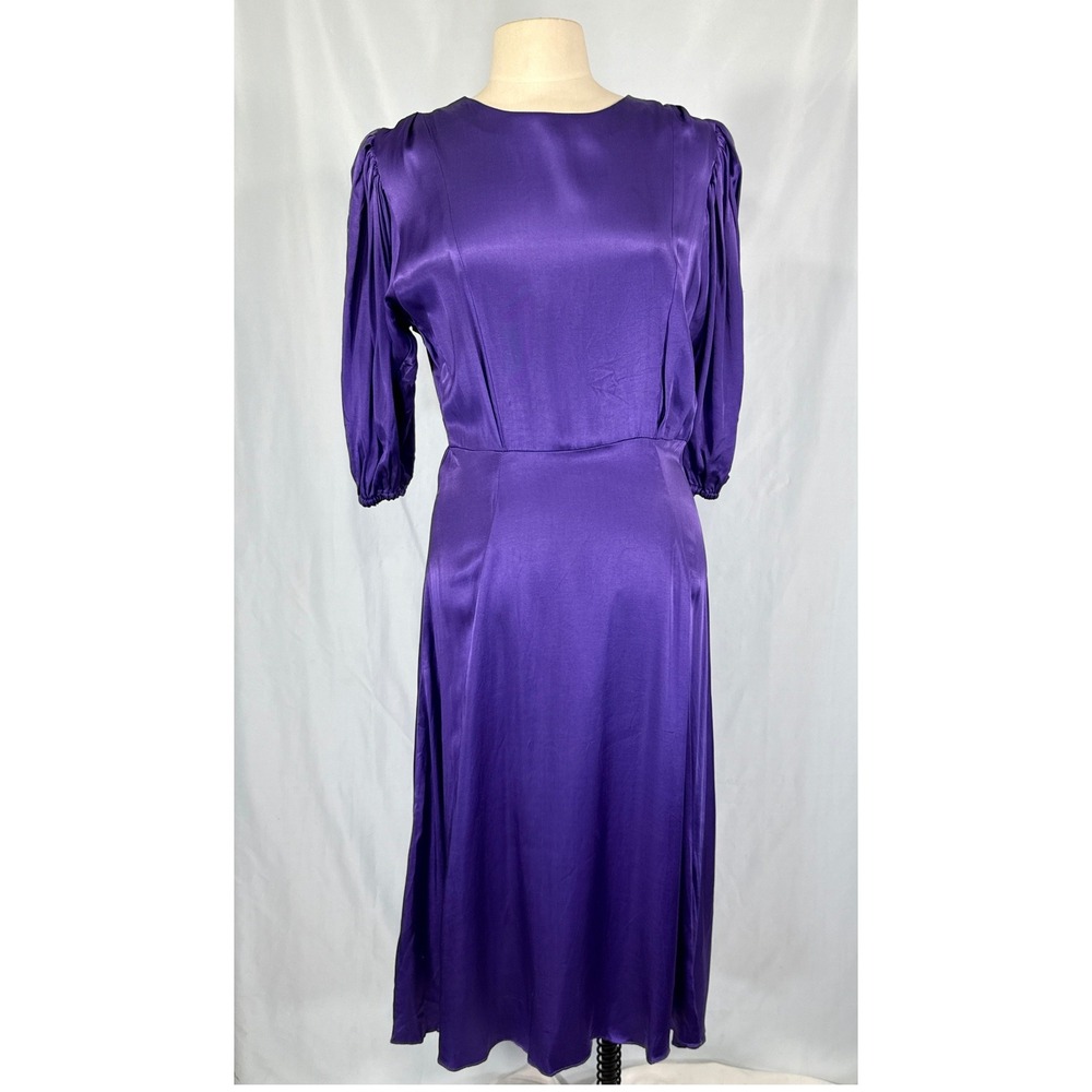 ASOS Purple Satin Midi Dress Pleated Puff Sleeve Keyhole Back Size‎ 8, 30 waist